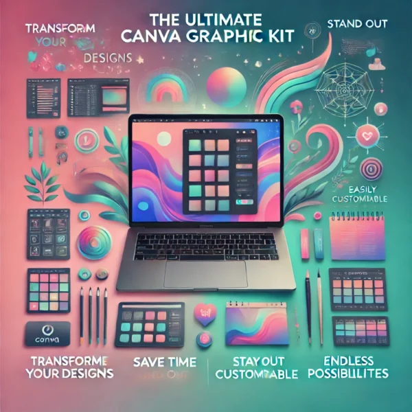 DALL·E 2024 07 13 19.55.22 A vibrant and modern product image for The Ultimate Canva Graphic Kit. The image features a sleek laptop displaying an eye catching Canva design on