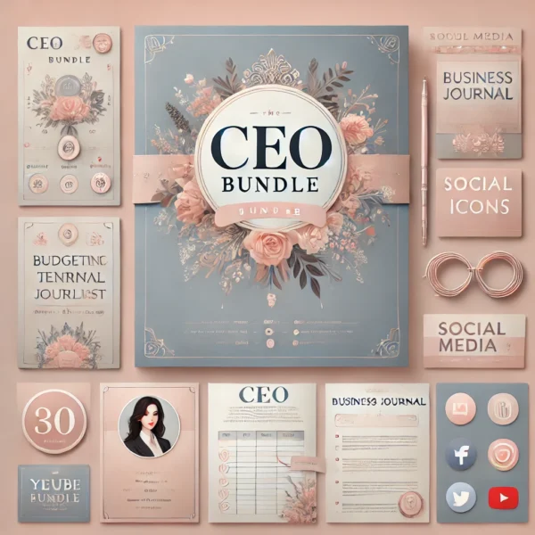 DALL·E 2024 07 15 14.25.33 An elegant and feminine product image for the CEO Bundle. The image features a sophisticated design with soft pastel colors and the bundle title pr