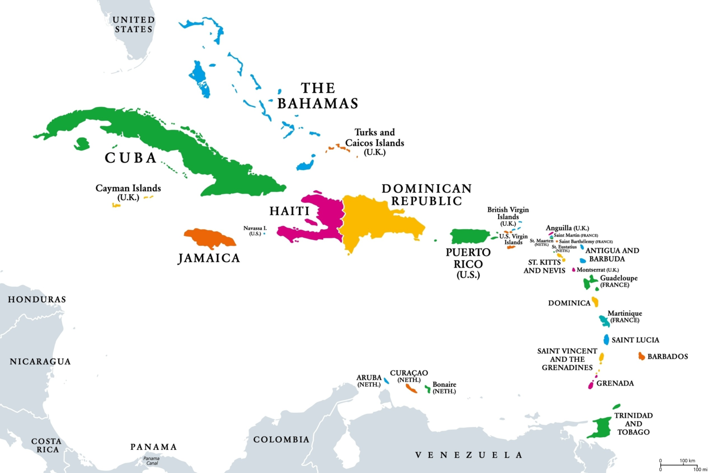 Map showing the 15 CARICOM member states, including island nations and mainland countries in the Caribbean region.